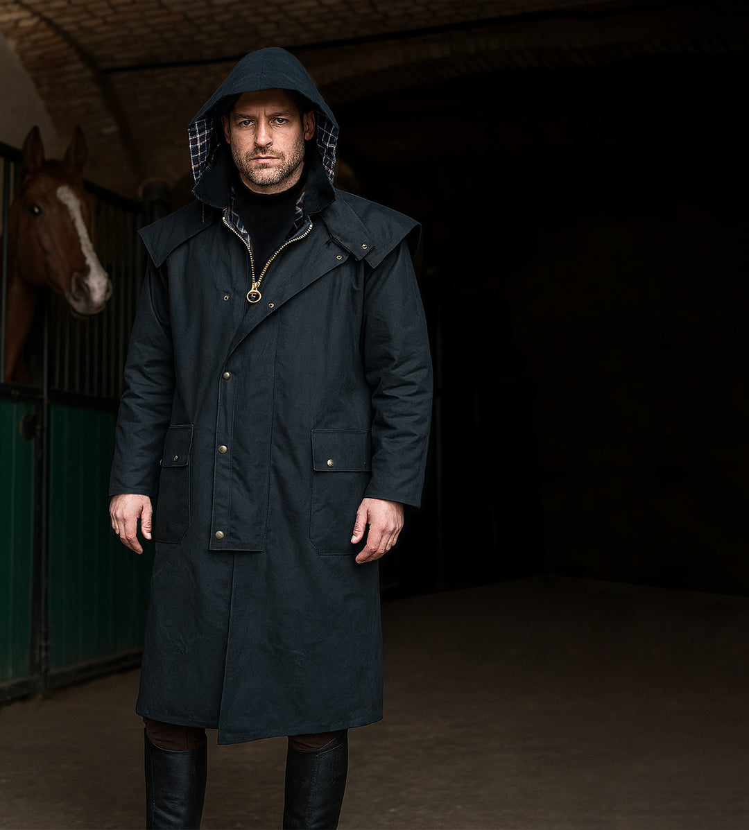 WALKER & HAWKES Stockman Unisex Waxed Long Cape Hooded Jacket, Dark Blue, XS WALKER & HAWKES Stockman Unisex Waxed Long Cape Hooded Jacket, Dark Blue, XS