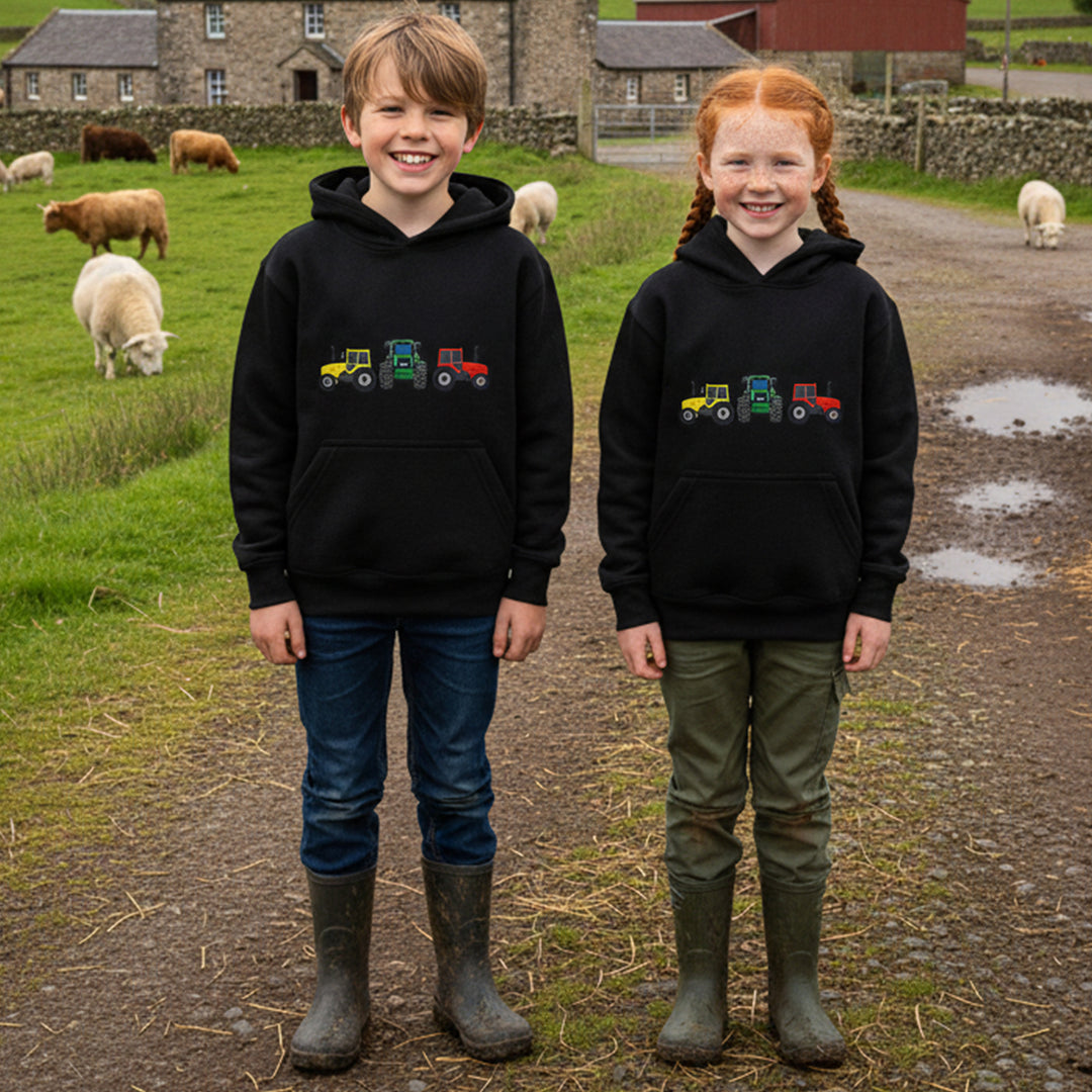 Unisex Country Life Kids Embroidered 3 Tractors Hoodie